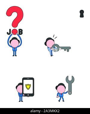 Illustrazione Vettoriale set di imprenditore carattere mascotte tenendo i posti di lavoro con un punto interrogativo, tenendo premuto il tasto e guardando sopra keyhole, tenendo lo smartphone w Illustrazione Vettoriale
