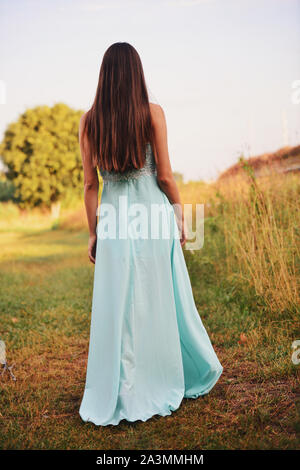 Vista posteriore di un sottile tall woman indossando lungo il bambino elegante vestito blu nella natura Foto Stock