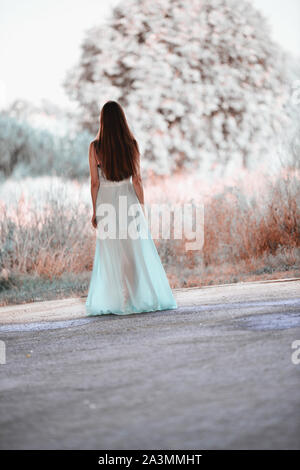 Vista posteriore di un sottile tall woman indossando lungo il bambino elegante vestito blu nella natura Foto Stock