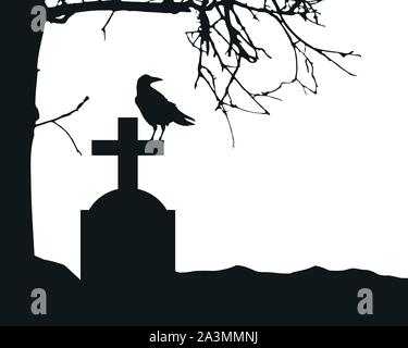 Illustrazione realistica di un oggetto contrassegnato per la rimozione definitiva in un cimitero con una seduta raven e un secco albero morto. Isolato su sfondo bianco, con spazio per il testo - vect Illustrazione Vettoriale