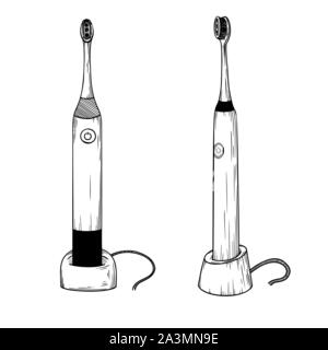 Schizzo realistiche. Spazzolino da denti elettrico isolato su sfondo bianco. Vettore Illustrazione Vettoriale