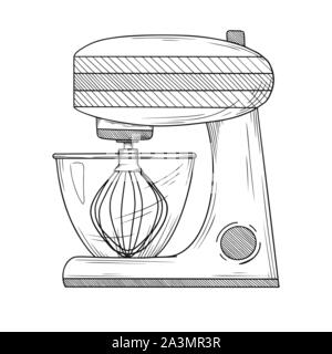 Robot da cucina con ugelli diversi isolati su sfondo bianco. Illustrazione Vettoriale in stile di disegno Illustrazione Vettoriale