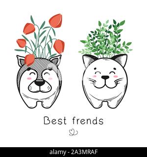 Pianta di casa in una pentola con un muso dell'animale. Carino il muso sulla pentola. Illustrazione Vettoriale. Gatto e cane sono i migliori amici Illustrazione Vettoriale