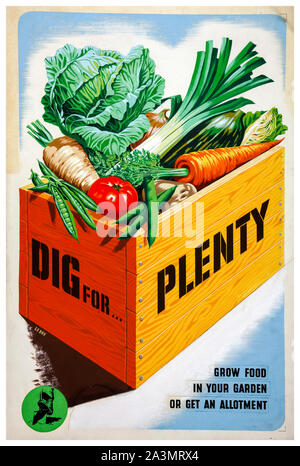 British, WW2, la produzione alimentare poster, scavare per abbondanza (Dig per la vittoria), crescere cibo nel vostro giardino o ottenere un riparto, 1939-1946 Foto Stock