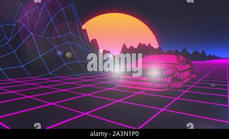 Cyberpunk auto in 80s style si muove su un virtuale paesaggio al neon. Il rendering 3d. Foto Stock