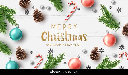 Buon Natale composizione con elementi di natale su di un legno rustico sfondo. Illustrazione Vettoriale. Illustrazione Vettoriale