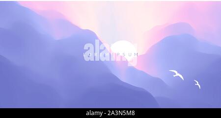 Cielo di nuvole e sole. Bellissima alba con battenti gabbiani. Paesaggio con montagne. Abstract background. Illustrazione Vettoriale. Illustrazione Vettoriale