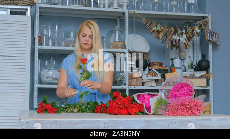 Florist professionista lavora con fiori in studio Foto Stock