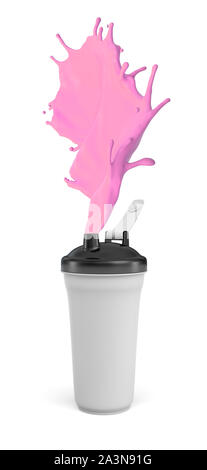 3D rendering di colore bianco in plastica con shaker rosa sversamento di liquido isolato su sfondo bianco Foto Stock