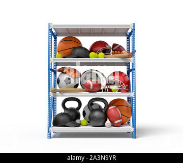 3D rendering delle palle sportive, caschi e kettlebells sulla rastrelliera metallica ripiani Foto Stock