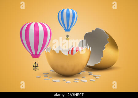 3D rendering di strisce di mongolfiere fuori da cova da Golden Egg sulla luce sfondo ocra. Foto Stock