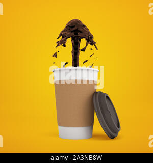 3D rendering di carta tazza da caffè con caffè inizia a sgorgare su sfondo giallo Foto Stock