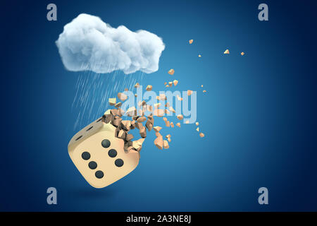 3D rendering del bianco nuvola di pioggia sopra il golden casino dadi frantumarsi in pezzi di piccole dimensioni su sfondo blu Foto Stock