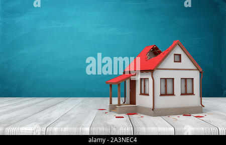 3D rendering di un privato casa bianca con danneggiato il tetto rosso su bianco pavimento di legno scuro e di sfondo turchese Foto Stock