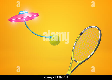 3D rendering di UFO rosa che porta palla da tennis, volare contro sfondo di colore ambra con la racchetta da tennis in primo piano. Foto Stock