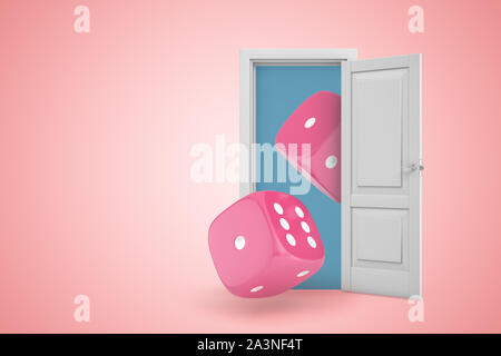 3D rendering del bianco porta aperta con due rosa casino dadi sulla luce sfondo rosa. Foto Stock