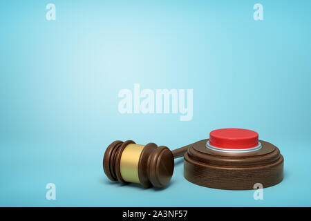 3D rendering del pulsante rosso rotondo sul blocco di legno e legno bruno martello su sfondo blu Foto Stock