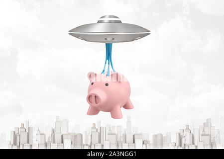 3D rendering di luce-grigio UFO volare sopra la città moderna, che porta rosa salvadanaio che pendono sul blu fango appiccicoso al di sotto di UFO. Foto Stock