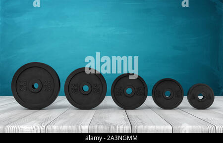 3D rendering di cinque nero peso delle piastre sul bianco pavimento di legno scuro e di sfondo turchese. Fitness e allenamento. Attività all'aperto. Sporting Goods. Foto Stock