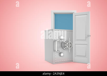 3D rendering di grande metallo denaro sicuro emergente dalla porta aperta sul rosa copyspace gradiente dello sfondo. Foto Stock