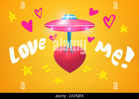 3D rendering di UFO rosa che trasportano splendido cuore rosso e battono contro lo sfondo di colore ambra con piccoli cuori, stelle e "Love me ' titolo su di esso. Foto Stock