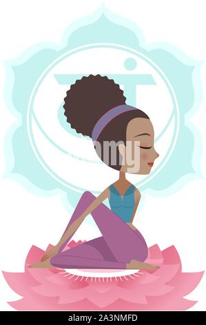 Lo Yoga asana postura pratica con Svadisthana Chakra Mandala simboli Backround, illustrazione vettoriale. Con donna seduta su rosa loto. Illustrazione Vettoriale