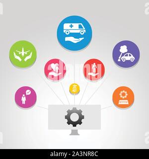 Assicurazione vettore Infographics design. Concetto Timeline includono assicurazione medica, assicurazione infortuni, assicurazione di viaggio icone. Può essere utilizzato per il report Illustrazione Vettoriale