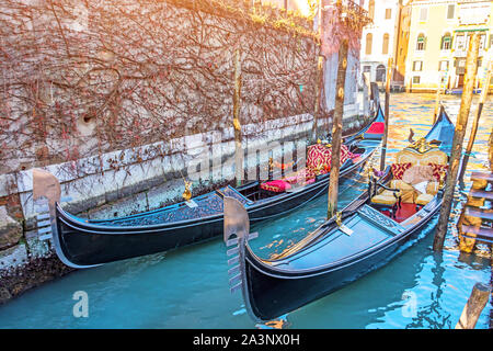 Canal con gondole sul molo di Venezia, Italia. Architettura e monumenti di Venezia Foto Stock