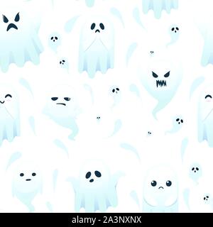 Seamless modello di cute poco spaventoso ghost con differenti emotes sulla faccia cartoon character design piatto illustrazione vettoriale su sfondo bianco. Illustrazione Vettoriale
