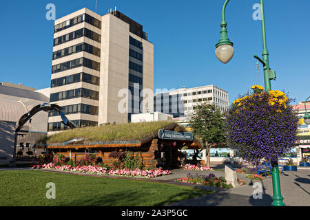 La zolla col tetto visitare Anchorage Log Cabin Visitor Information Centre a Peratrovich Park nel centro cittadino di Anchorage in Alaska,. Foto Stock