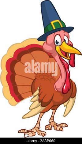 Cartoon ringraziamento turchia carattere pellegrino indossa hat outline. Illustrazione di vettore isolato. Illustrazione Vettoriale