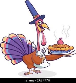 Ringraziamento Cartoon Turchia bird forcella di supporto e torta isolato. Illustrazione Vettoriale di divertente personaggio turchia indossando pellegrino hat Illustrazione Vettoriale
