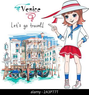 Carino moda ragazza a Venezia, Italia. Illustrazione Vettoriale