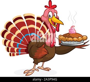 Ringraziamento Cartoon Turchia bird forcella di supporto e torta. Illustrazione Vettoriale di divertente personaggio turchia clipart Illustrazione Vettoriale