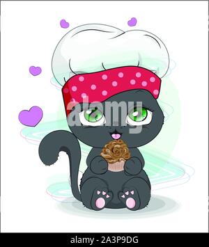 Cuocere cat con cupcake. La foto in mano lo stile di disegno, può essere usata per t-shirt stampa usura, fashion design, bigliettino. baby menu alimentare Illustrazione Vettoriale