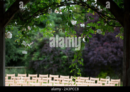 Close up di nozze giardino gazebo coperto di fiori e viti Foto Stock