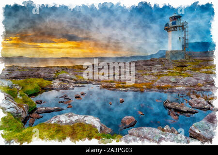 La pittura ad acquerello di un tempestoso tramonto a Rodano Lighthouse vicino a Ullapool nelle Highlands della Scozia Foto Stock