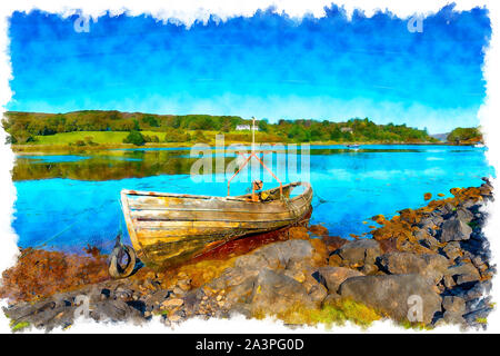 La pittura ad acquerello di una vecchia barca sulla riva a Badachro vicino a Gairloch nelle Highlands scozzesi Foto Stock