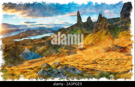 La pittura ad acquerello del sorgere del sole sopra il vecchio uomo di Storr pinnacoli di roccia sull'isola di Skye in Scozia Foto Stock