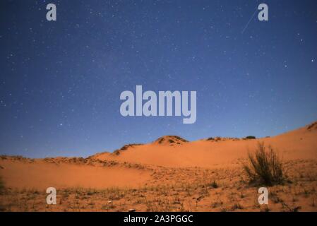 La notte scende sulla orange dune del deserto sotto la luce della luna e un profondo, blu cielo stellato. Foto Stock