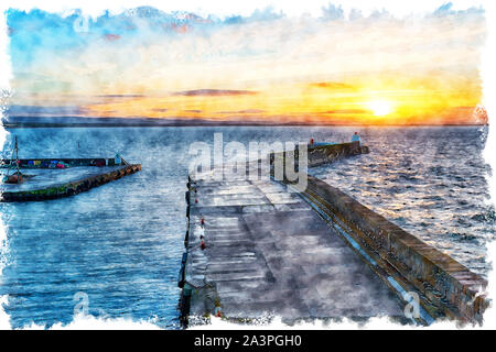 La pittura ad acquerello del tramonto sul molo Burghead vicino al Elgin sulla costa est della Scozia Foto Stock