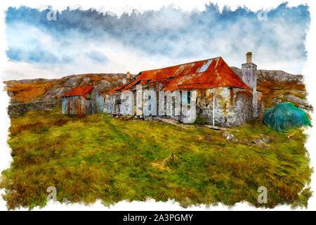 La pittura ad acquerello di un vecchio abbandonato croft on the Golden Road a Quidnish sull'Isle of Harris nelle Western Isles della Scozia Foto Stock