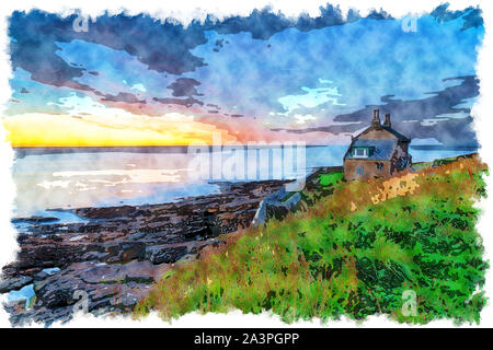 La pittura ad acquerello di alba sopra la vecchia casa di balneazione a Howick sulla costa di Northumberland Foto Stock