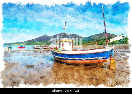 La pittura ad acquerello di una barca da pesca sulla spiaggia di Trefor sulla penisola di Llyn nel Galles del Nord Foto Stock