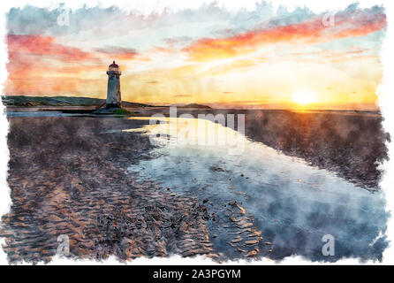 La pittura ad acquerello del tramonto su Talacre Lighthouse sulla costa nord del Galles Foto Stock