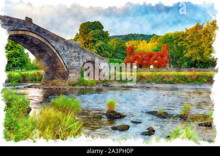 La pittura ad acquerello di Pont Fawr ponte sopra il fiume Conwy a Llanrwst sul bordo di Snpwdonia Parco Nazionale in Galles del nord Foto Stock