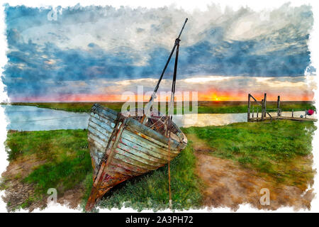 La pittura ad acquerello del tramonto su abbandonato la pesca in barca sulla riva a Thornham sulla costa nord di Norfolk Foto Stock