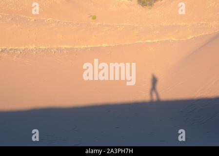 Lone explorer sul deserto, colata ombra sulle dune di sabbia in una calda giornata di sole. Foto Stock