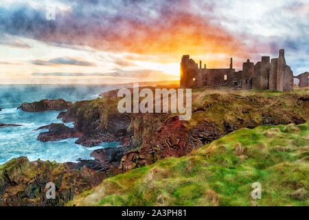 La pittura ad acquerello di un tramonto mozzafiato su Slains Castle vicino a Peterhead sulla costa est della Scozia Foto Stock