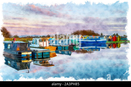 La pittura ad acquerello di barche sul canale di Forth e Clyde a Falkirk in Scozia Foto Stock